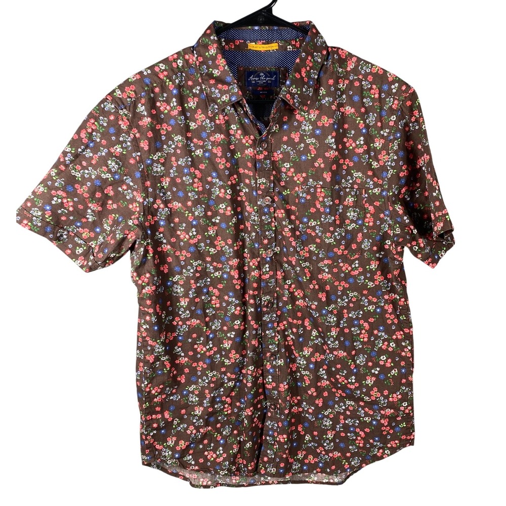 Across the Pond Shirt Mens M Brown Floral Button Short Sleeve‎ Craft & Tradition